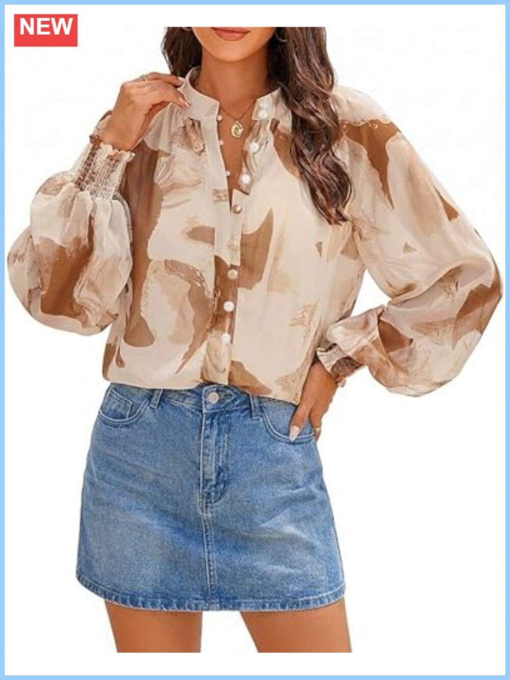 Oversized Floral Blouse Button Down Smocked Lantern Sleeve Chiffon Top